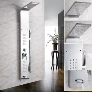 پنل دوش چندکاره استیل با سر دوش بارانی، جت‌های ماساژور جانبی، و طراحی مدرن برای حمام‌های لوکس.